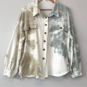 POL Cotton Tie-Dye Shacket Jacket Balloon Sleeves Button Front Pockets Large